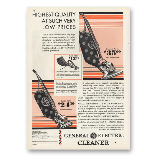 1929 General Electric Vacuum Cleaner Highest Quality Vintage Magazine Print Ad