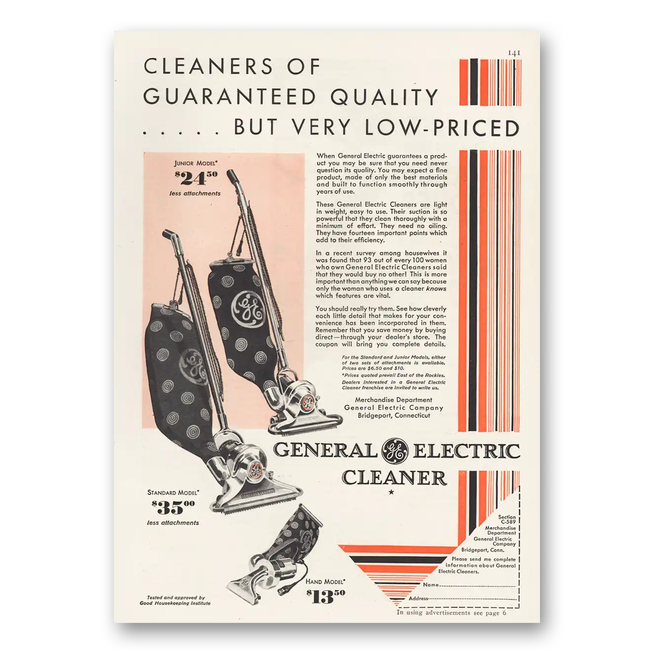 1929 General Electric Vacuum Cleaner Guaranteed Quality Vintage Magazine Print Ad