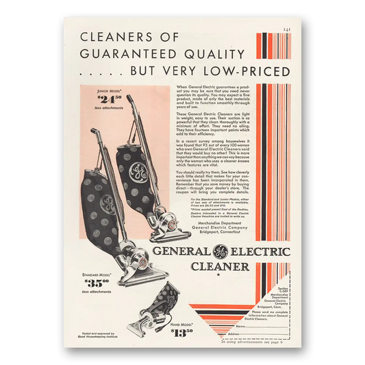 1929 General Electric Vacuum Cleaner Guaranteed Quality Vintage Magazine Print Ad