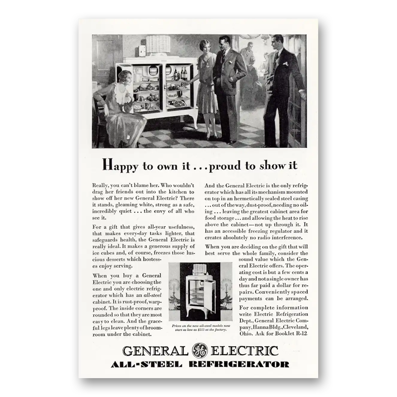 1929 General Electric Refrigerator Happy To Own It Proud To Show It Vintage Magazine Print Ad