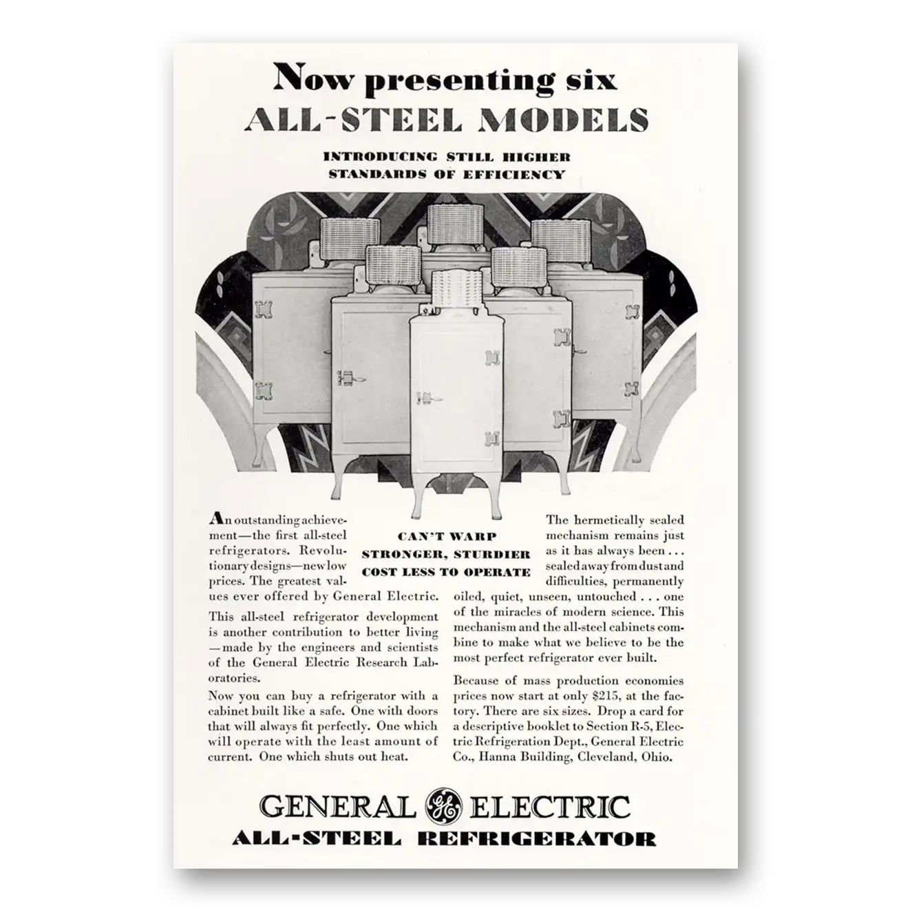 1929 General Electric Refrigerator All Steel Models Vintage Magazine Print Ad