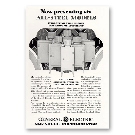 1929 General Electric Refrigerator All Steel Models Vintage Magazine Print Ad