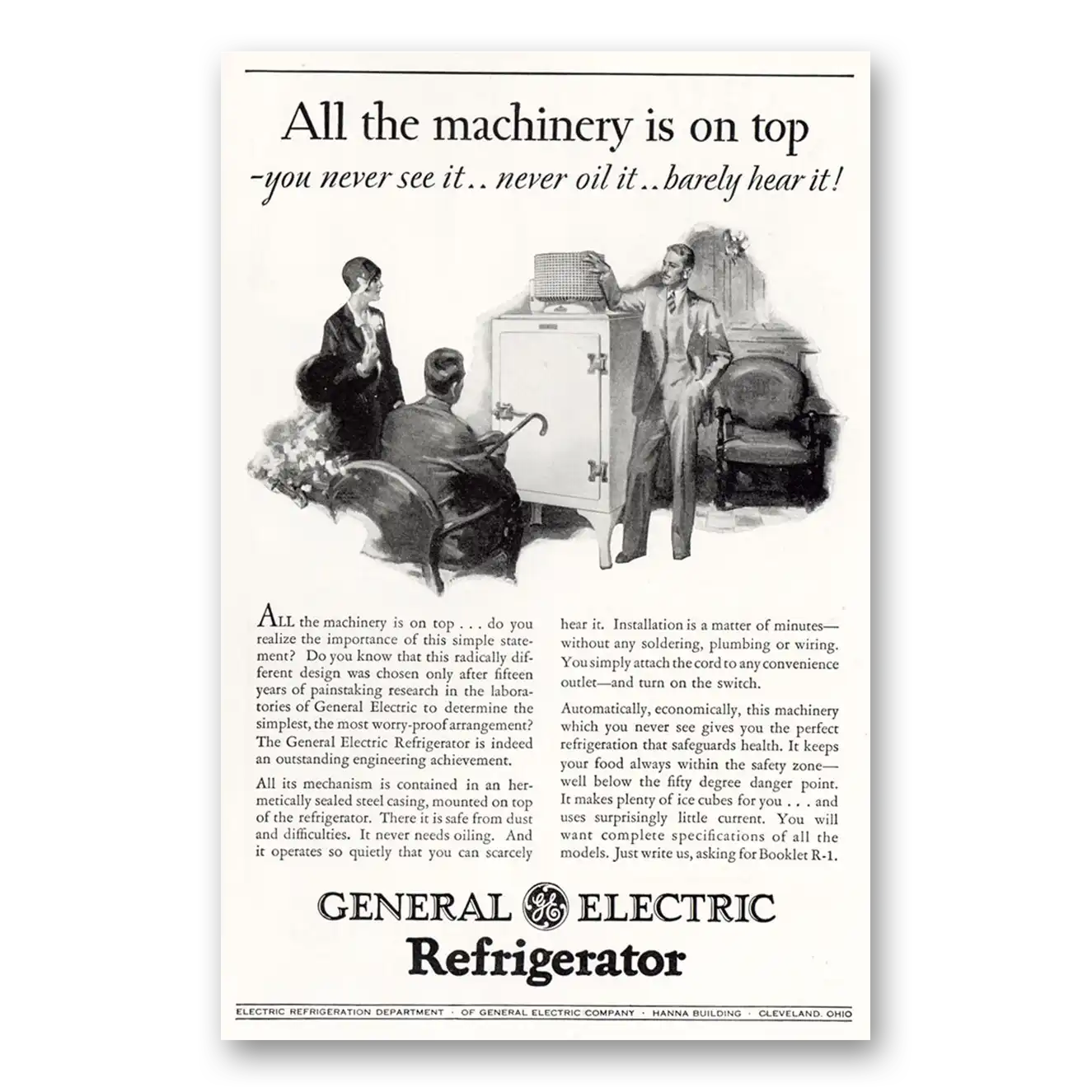 1929 General Electric Refrigerator All the Machinery Is On Top Vintage Magazine Print Ad