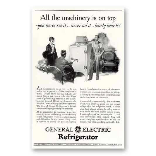 1929 General Electric Refrigerator All the Machinery Is On Top Vintage Magazine Print Ad