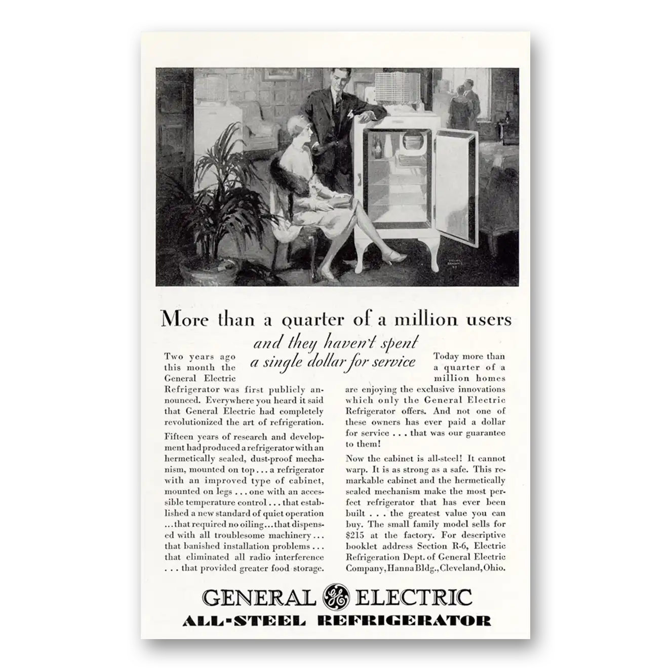 1929 General Electric Refrigerator Quarter of Million Vintage Magazine Print Ad