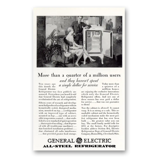 1929 General Electric Refrigerator Quarter of Million Vintage Magazine Print Ad