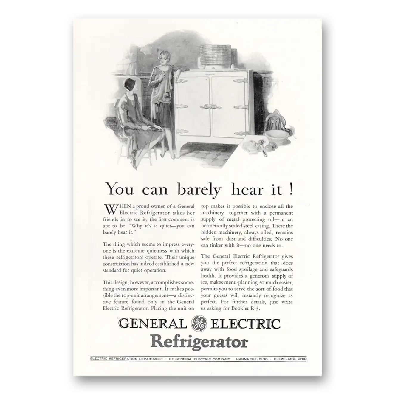 1929 General Electric Refrigerator You Can Barely Hear It Vintage Magazine Print Ad