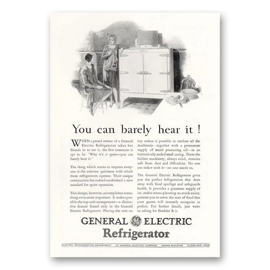 1929 General Electric Refrigerator You Can Barely Hear It Vintage Magazine Print Ad