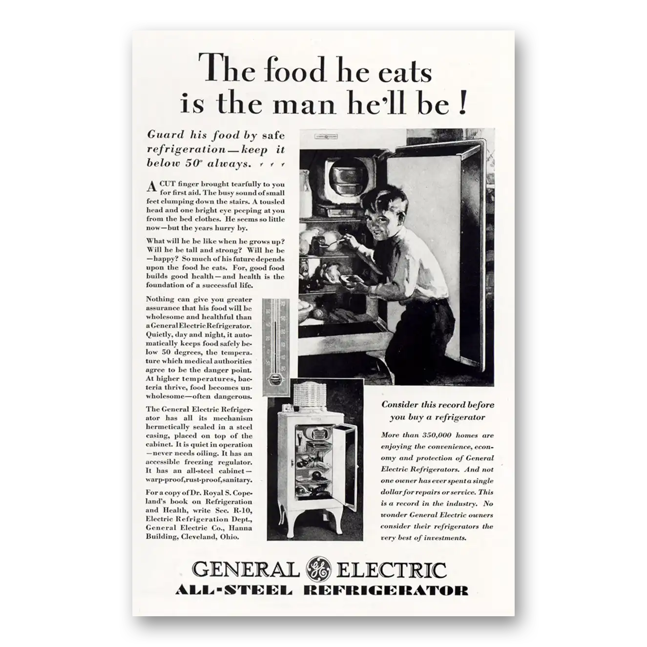 1929 General Electric Refrigerator Food He Eats Is the Man He'll Be Vintage Magazine Print Ad