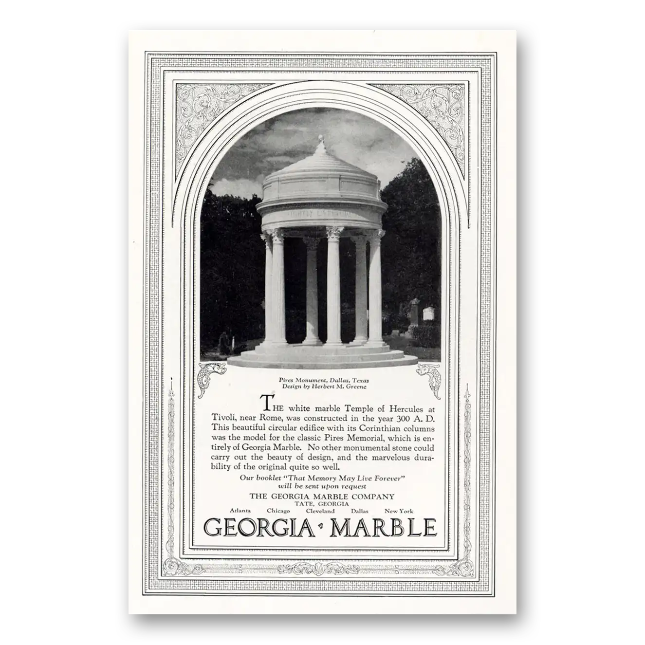 1929 Georgia Marble Pires Monument Dallas Vintage Magazine Print Ad