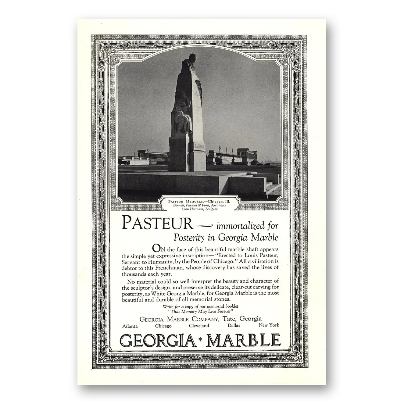 1929 Georgia Marble Pasteur Memorial Chicago Vintage Magazine Print Ad