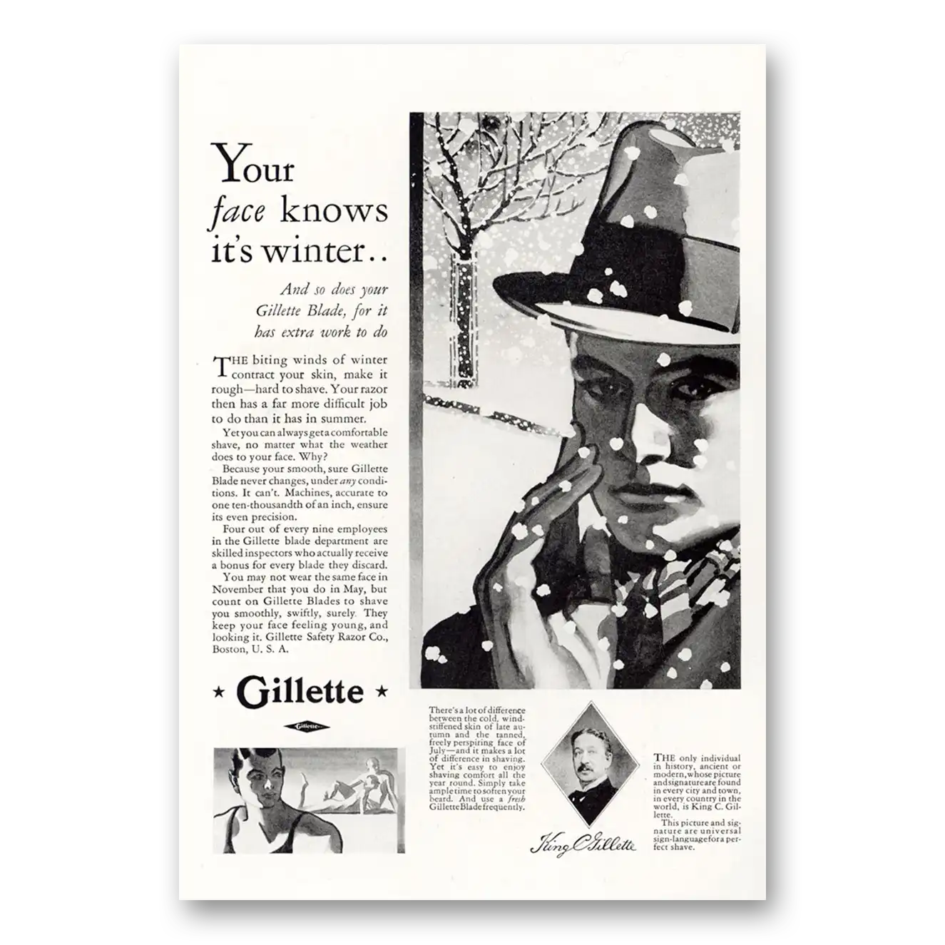 1929 Gillette Razor Blades Your Face Knows Its Winter Vintage Magazine Print Ad