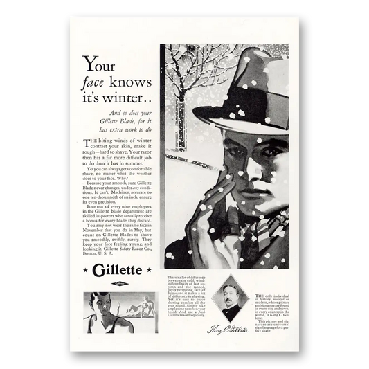 1929 Gillette Razor Blades Your Face Knows Its Winter Vintage Magazine Print Ad