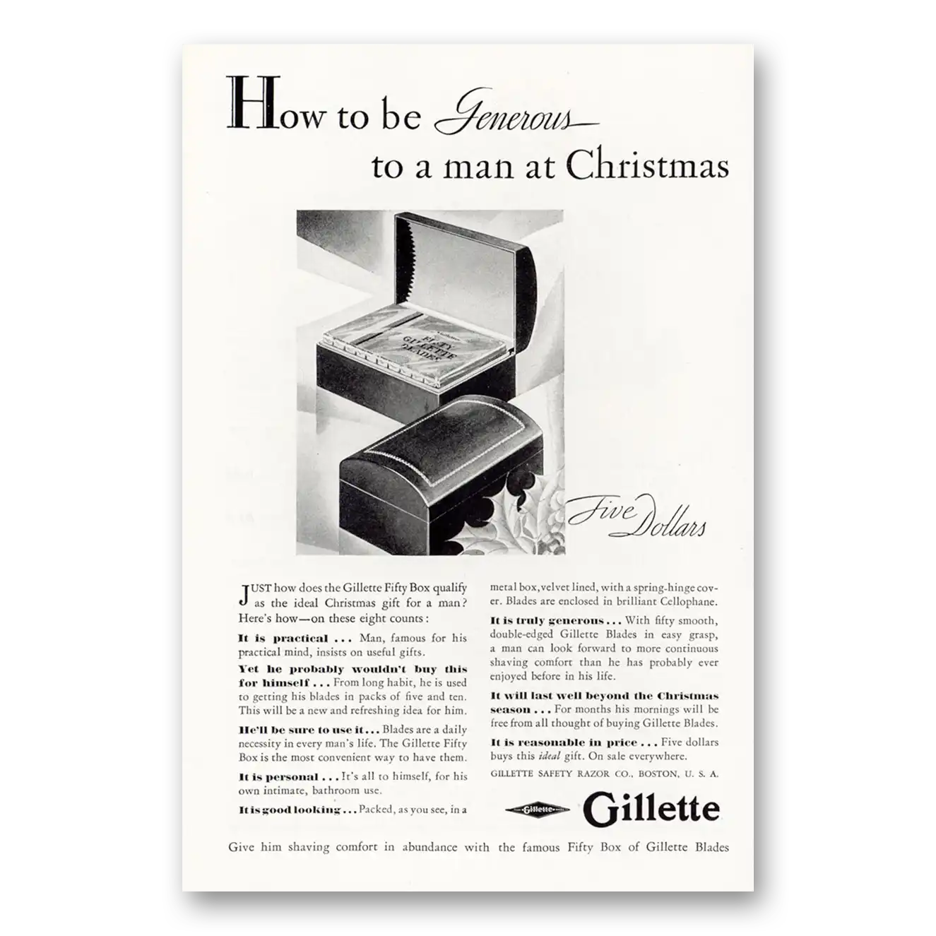 1929 Gillette Razor Blades Generous To a Man at Christmas Vintage Magazine Print Ad