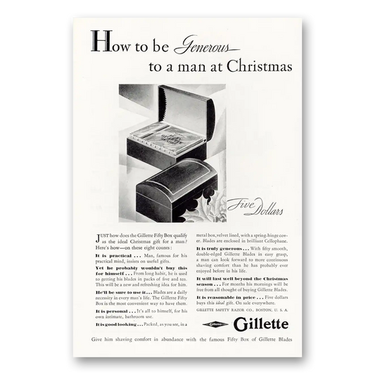 1929 Gillette Razor Blades Generous To a Man at Christmas Vintage Magazine Print Ad