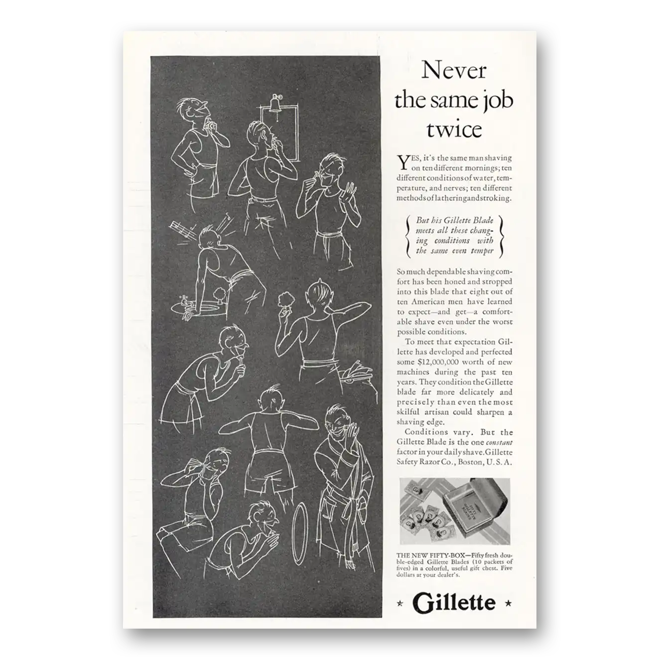 1929 Gillette Razor Blades Never the Same Job Twice Vintage Magazine Print Ad