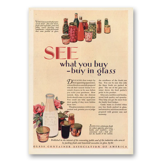 1929 Glass Container See What You Buy Vintage Magazine Print Ad