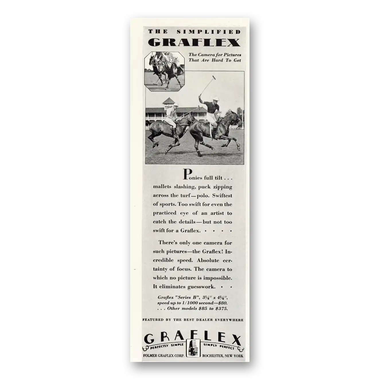 1929 Graflex Cameras Ponies Full Tilt Vintage Magazine Print Ad