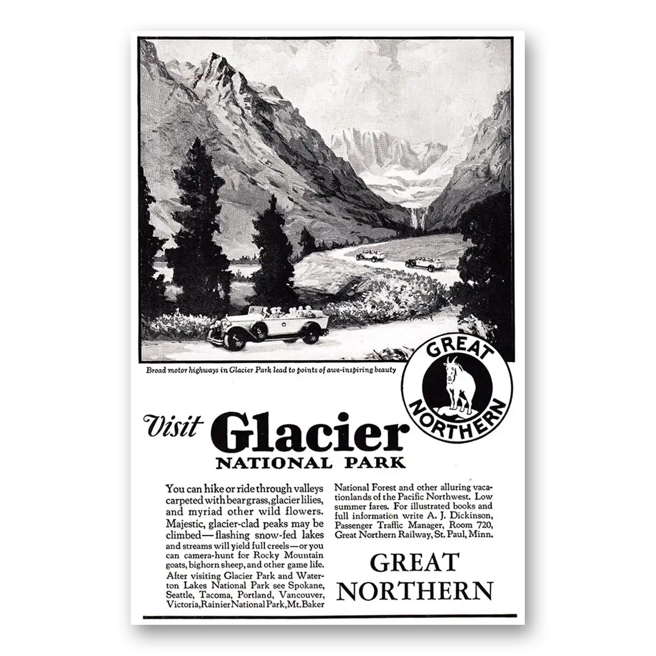 1929 Great Northern Railway Glacier National Park Broad Motors Highway Vintage Magazine Print Ad