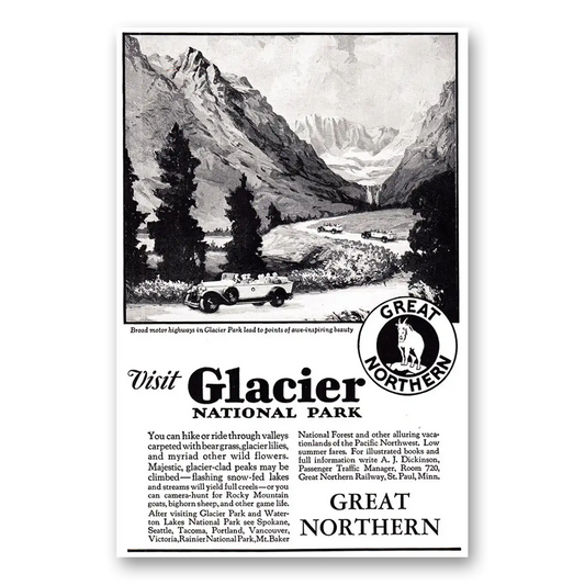 1929 Great Northern Railway Glacier National Park Broad Motors Highway Vintage Magazine Print Ad