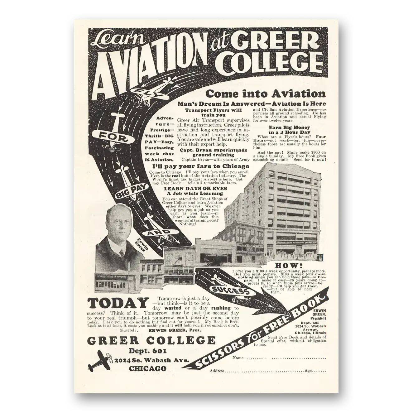 1929 Greer College Learn Aviation Vintage Magazine Print Ad