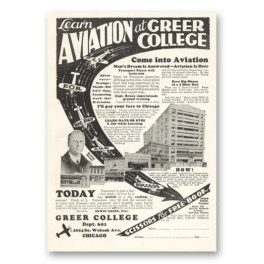 1929 Greer College Learn Aviation Vintage Magazine Print Ad