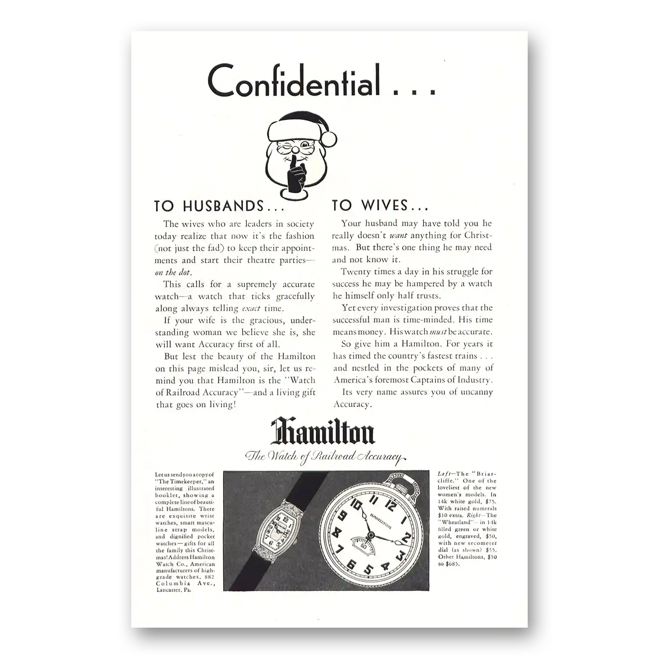 1929 Hamilton Watch Confidential to Husbands Wives Vintage Magazine Print Ad