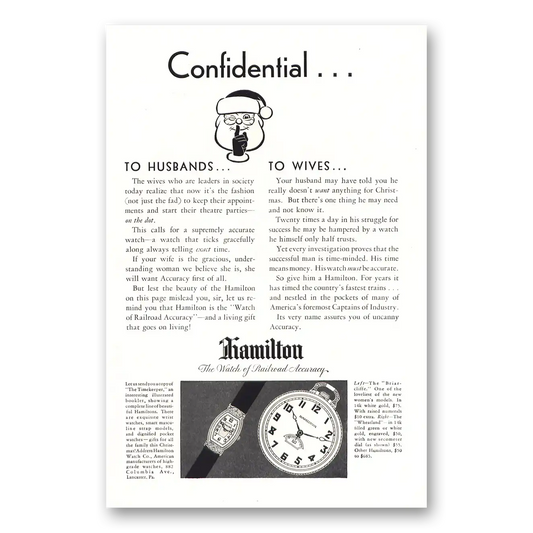 1929 Hamilton Watch Confidential to Husbands Wives Vintage Magazine Print Ad