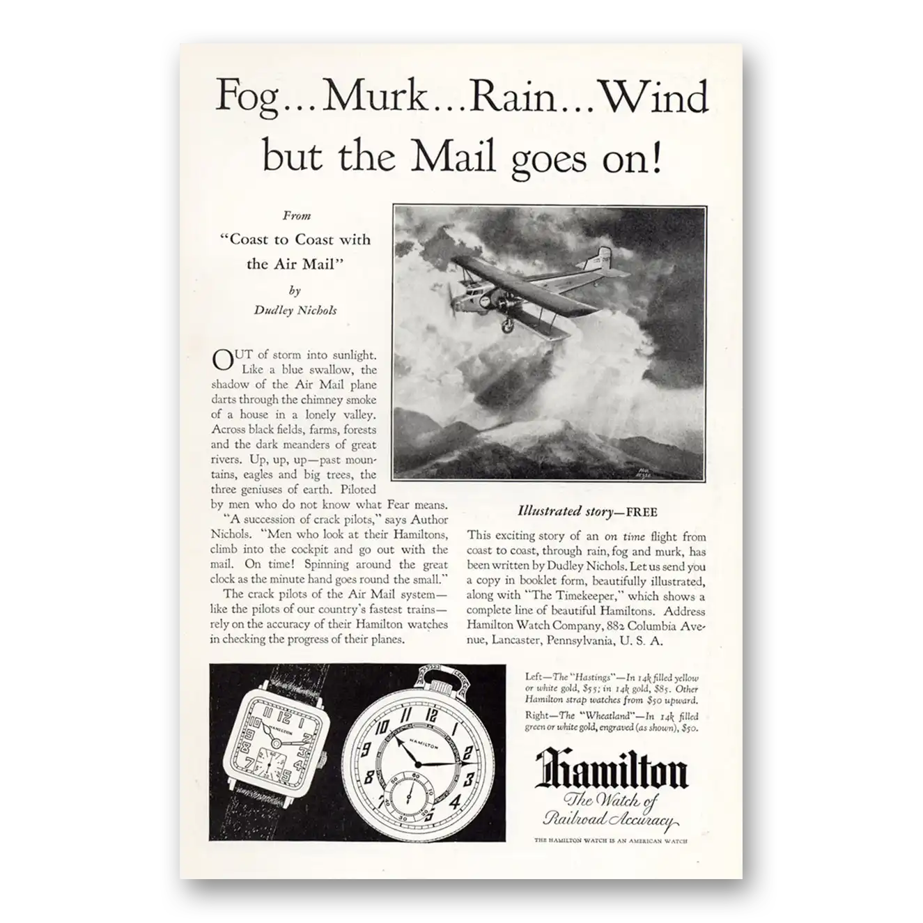 1929 Hamilton Watch Fog Murk Rain Wind But the Mail Goes On Vintage Magazine Print Ad