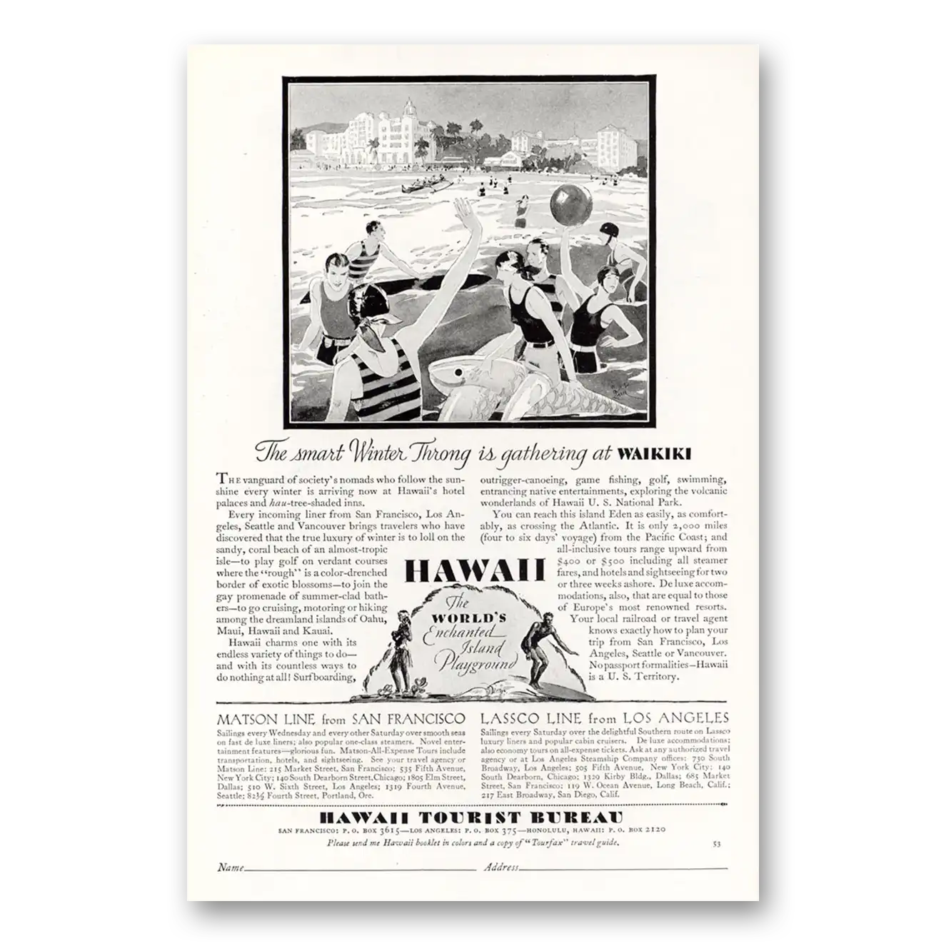 1929 Hawaii Winter Throng Is Gathering at Waikiki Vintage Magazine Print Ad