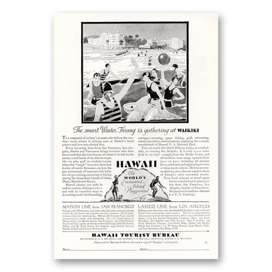 1929 Hawaii Winter Throng Is Gathering at Waikiki Vintage Magazine Print Ad