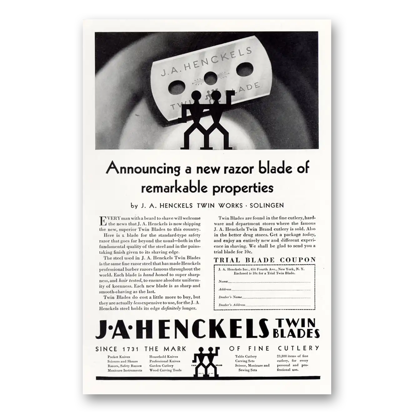 1929 Henckels Razor Blade Razor Blade of Remarkable Properties Vintage Magazine Print Ad