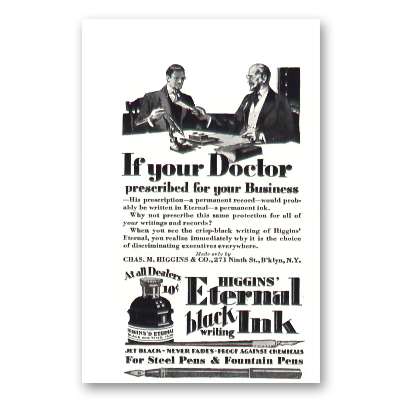 1929 Higgins Eternal Black Ink Your Doctor Prescribed Vintage Magazine Print Ad