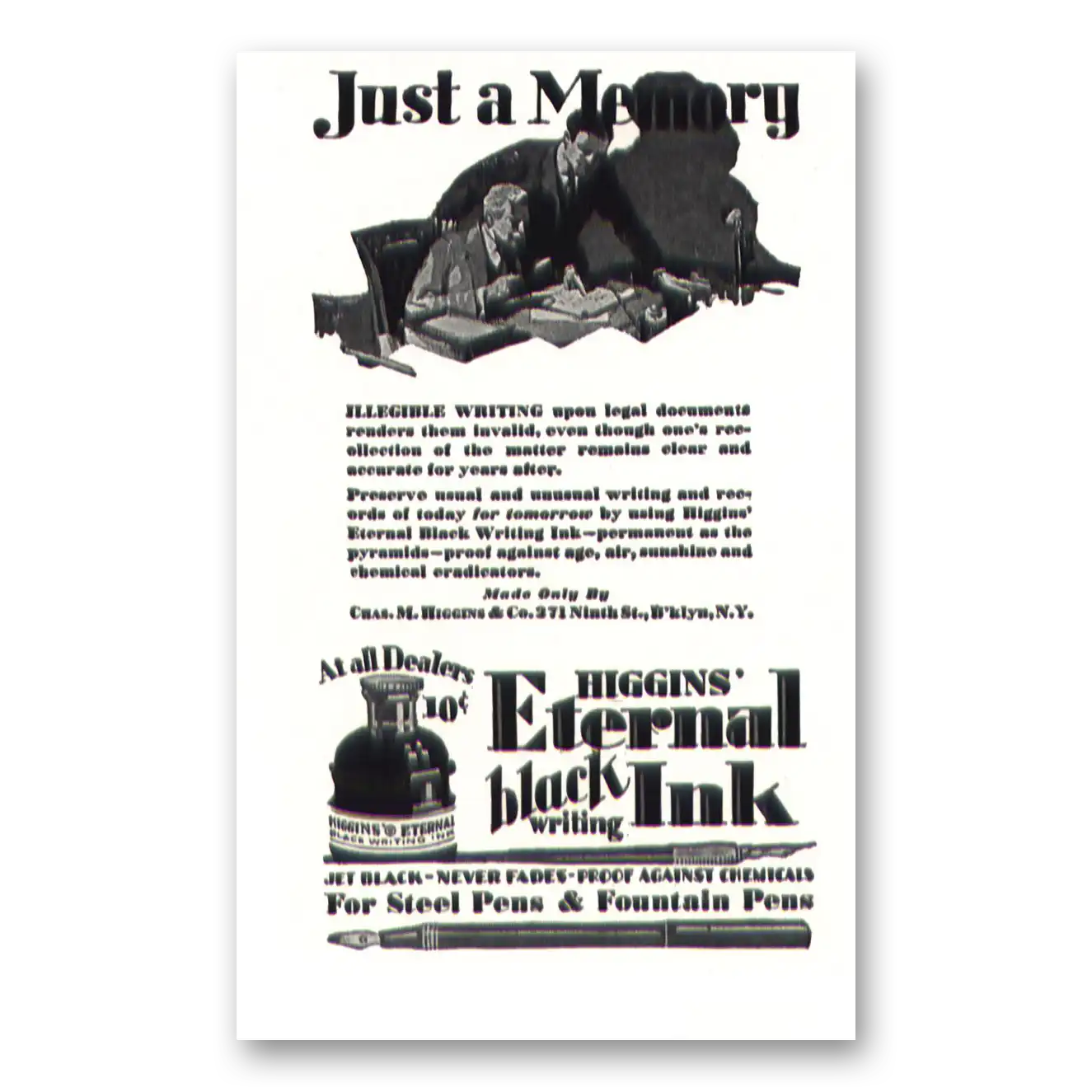 1929 Higgins Eternal Black Ink Just a Memory Vintage Magazine Print Ad