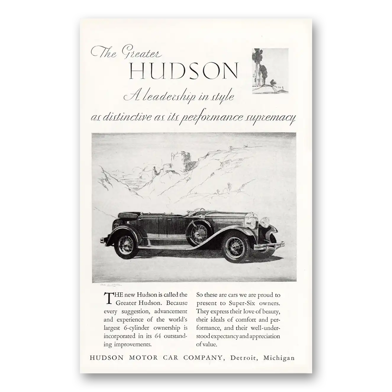 1929 Hudson Motor Car Leadership In Style Vintage Magazine Print Ad