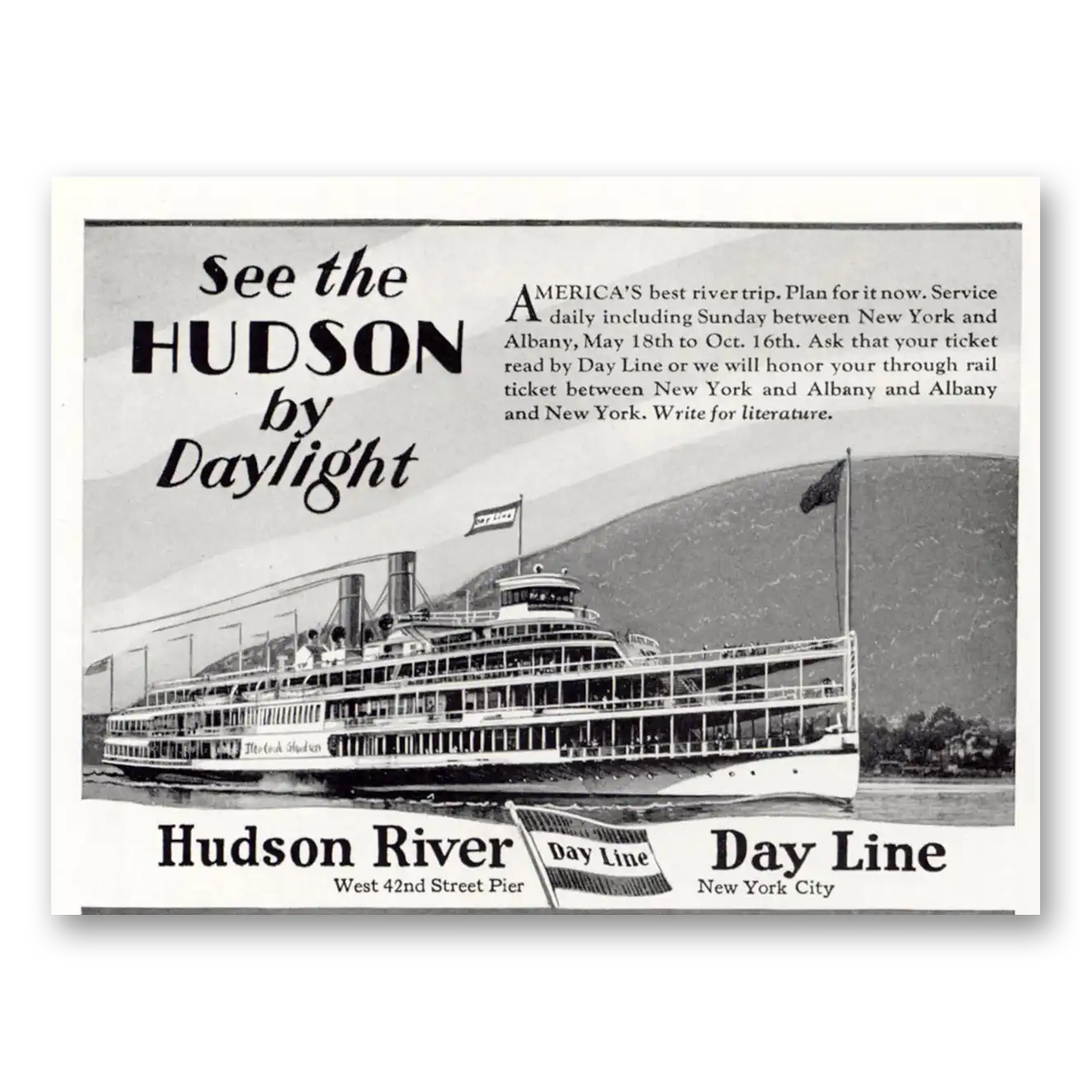 1929 Hudson River Day Line Hudson by Daylight Vintage Magazine Print Ad