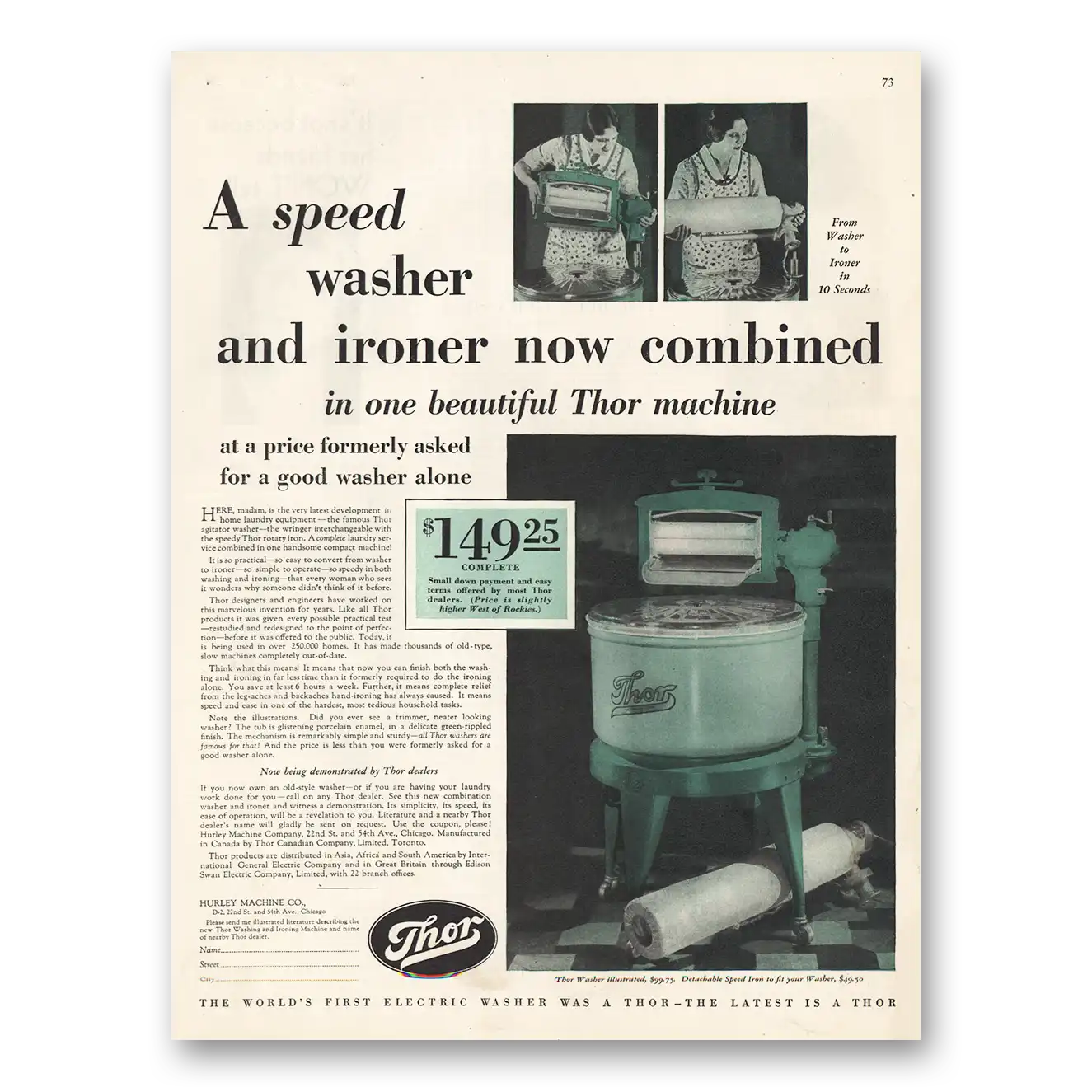 1929 Thor Washer Speed Washer and Iron Combined Vintage Magazine Print Ad