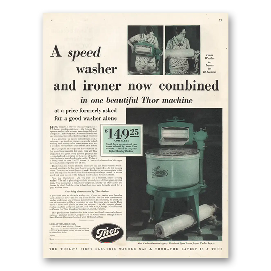 1929 Thor Washer Speed Washer and Iron Combined Vintage Magazine Print Ad