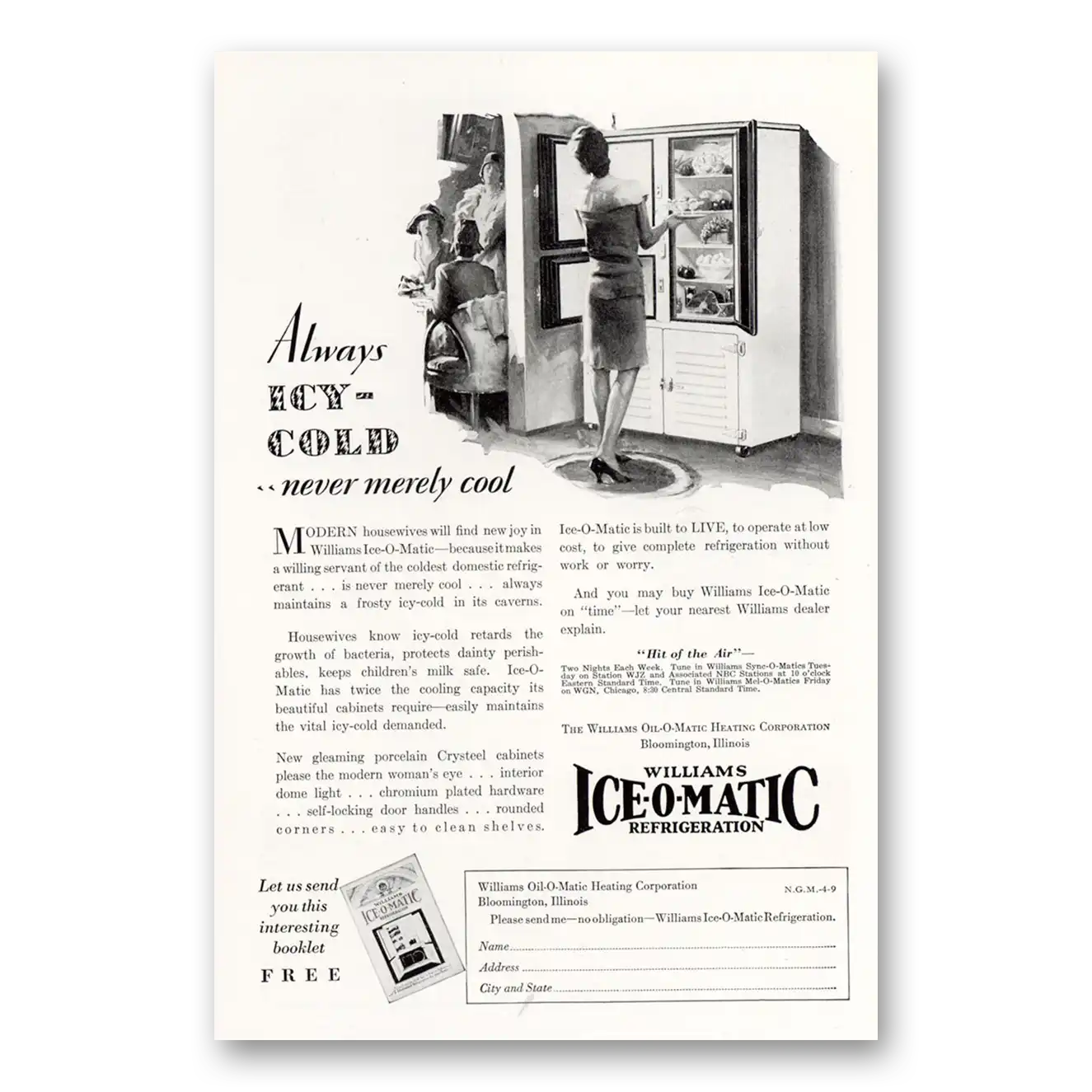 1929 Williams Oil-O-Matic Always Icy Cold Vintage Magazine Print Ad