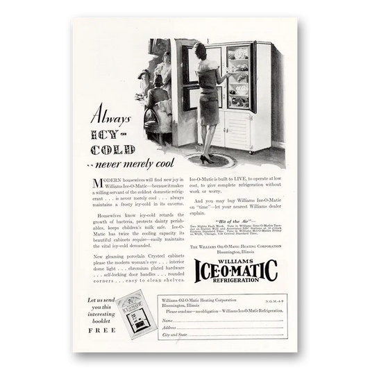 1929 Williams Oil-O-Matic Always Icy Cold Vintage Magazine Print Ad