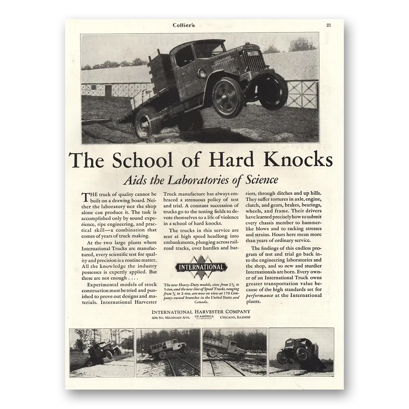 1929 International Trucks School of Hard Knocks Vintage Magazine Print Ad