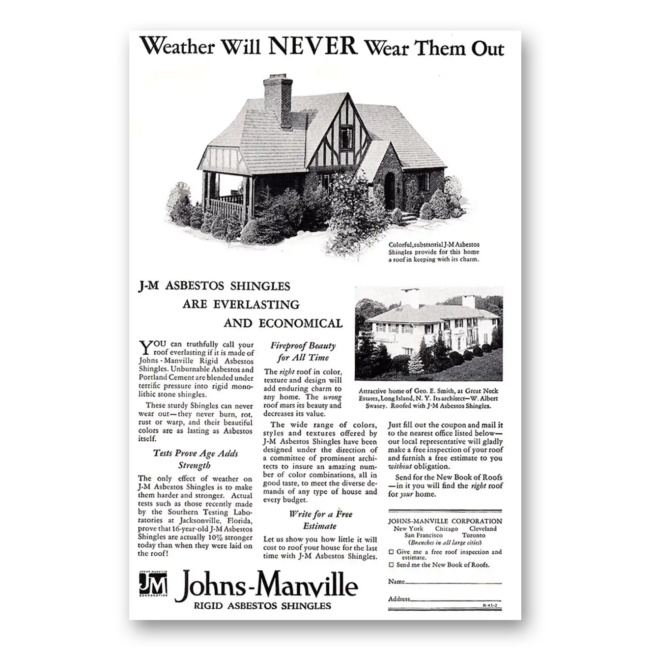 1929 Johns Manville Weather Will Never Wear Them Out Vintage Magazine Print Ad