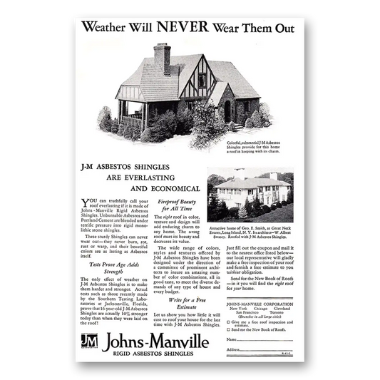 1929 Johns Manville Weather Will Never Wear Them Out Vintage Magazine Print Ad