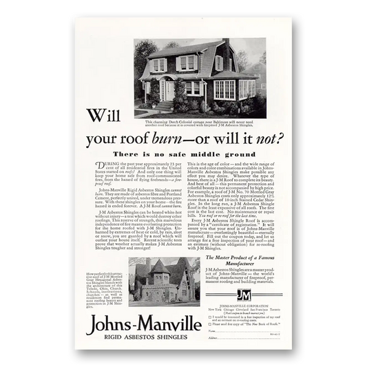 1929 Johns Manville Will Your Roof Burn Or Will It Not Vintage Magazine Print Ad