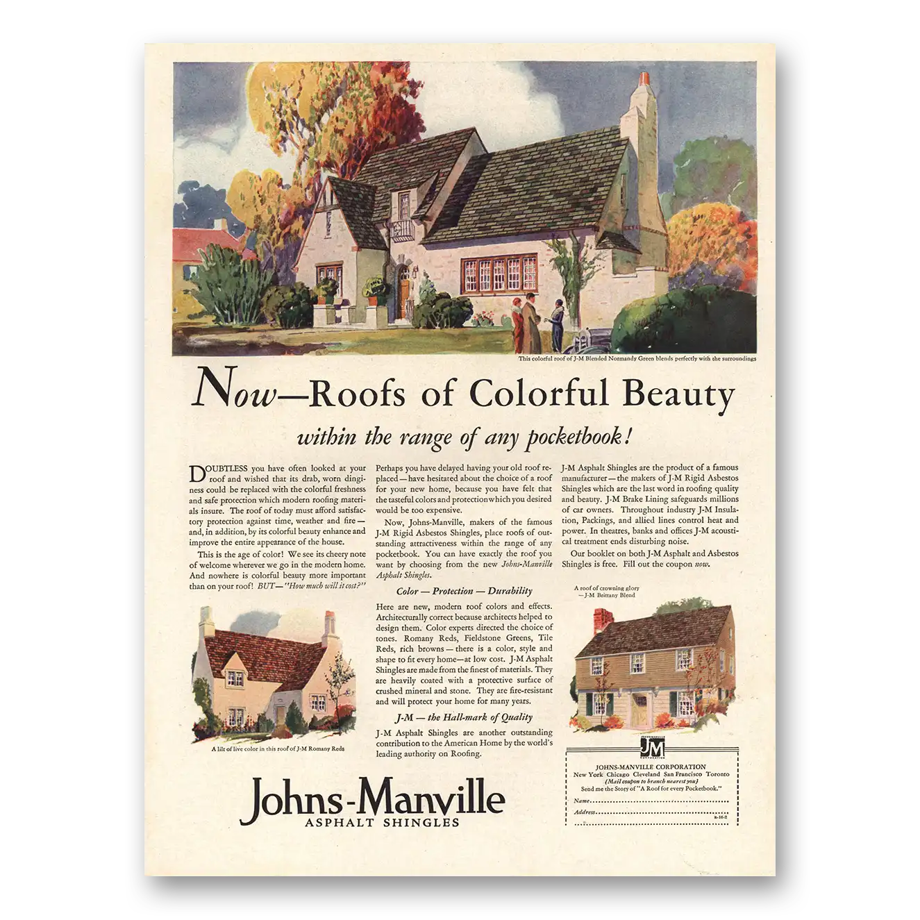 1929 Johns Manville Roofs of Colorful Beauty Vintage Magazine Print Ad