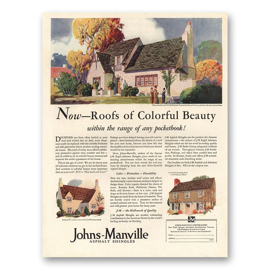 1929 Johns Manville Roofs of Colorful Beauty Vintage Magazine Print Ad