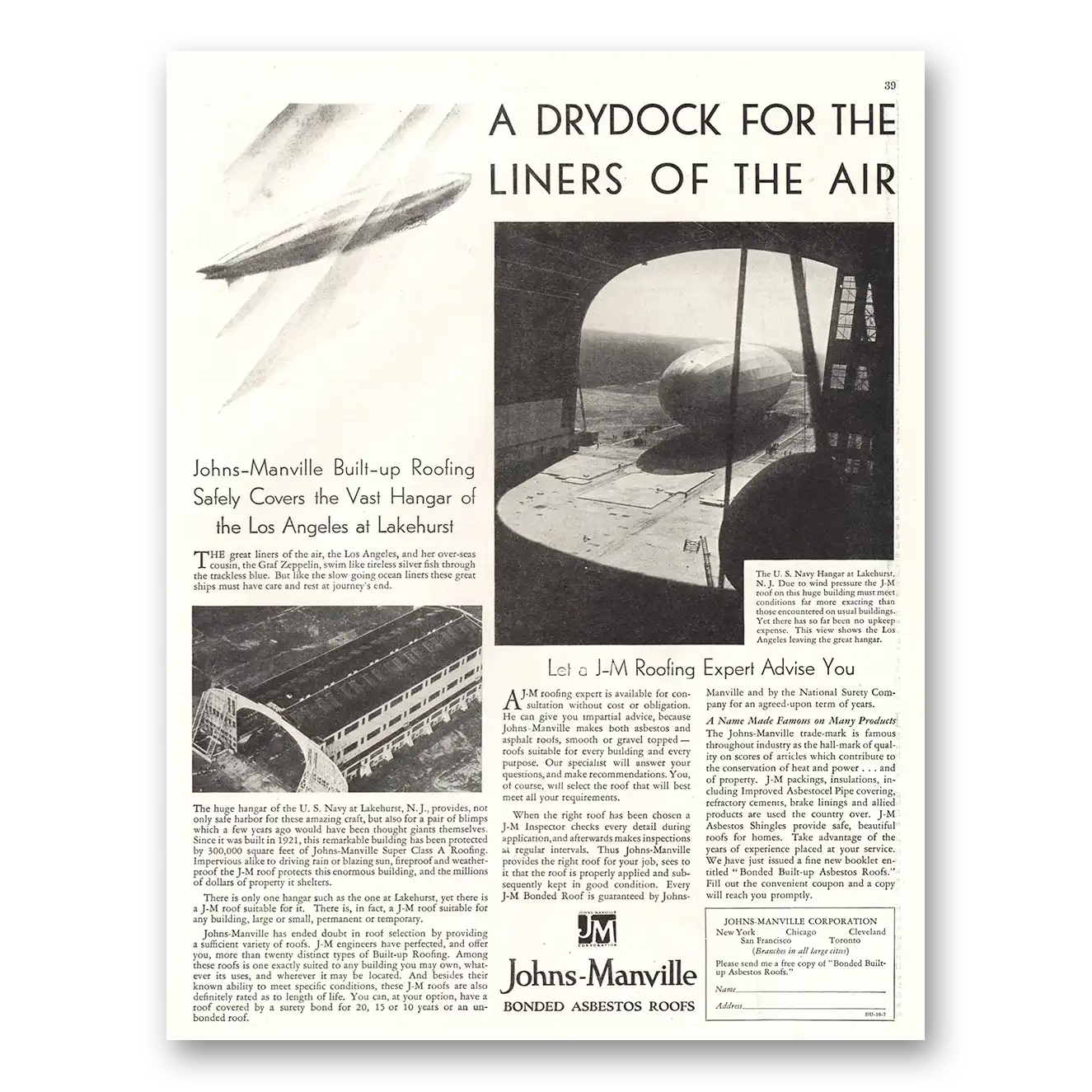 1929 Johns Manville Drydock for the Liners of the Air Vintage Magazine Print Ad