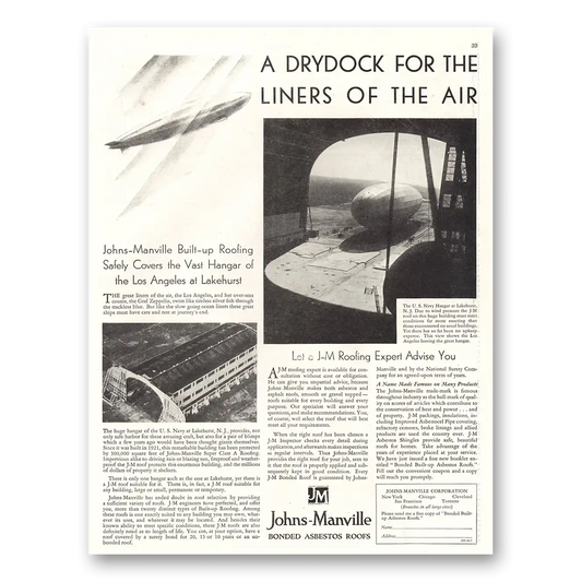 1929 Johns Manville Drydock for the Liners of the Air Vintage Magazine Print Ad