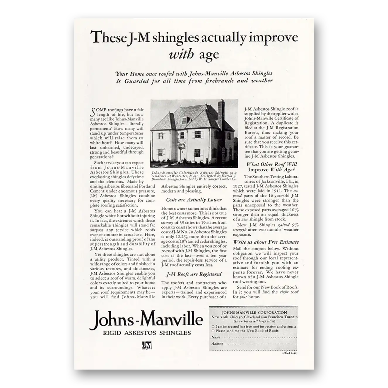 1929 Johns Manville Asbestos Shingles Improve With Age Vintage Magazine Print Ad