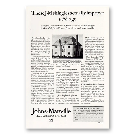 1929 Johns Manville Asbestos Shingles Improve With Age Vintage Magazine Print Ad